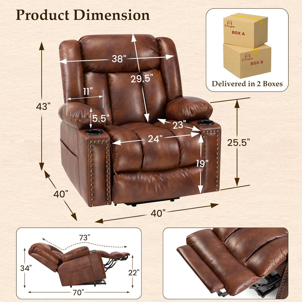 Large Power Lift Recliner with Extended Footrest, Heat and Massage M832