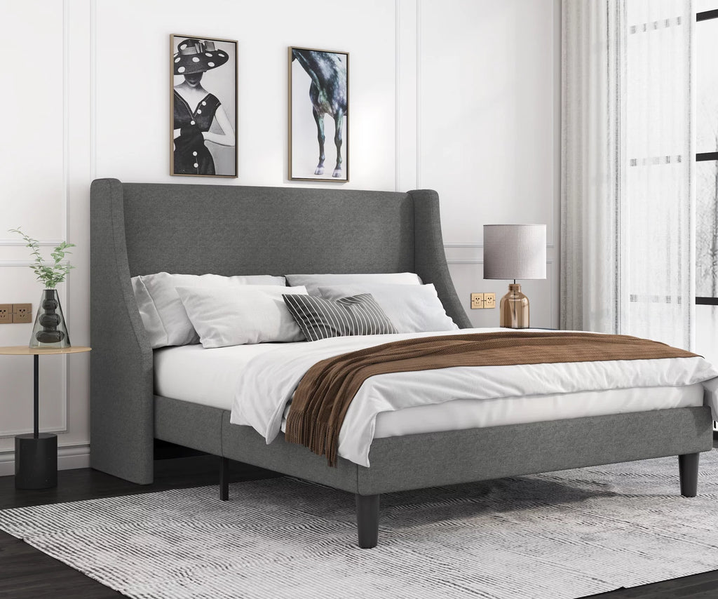 Queen Size Light Grey Upholstered Platform Bed Frame S964624