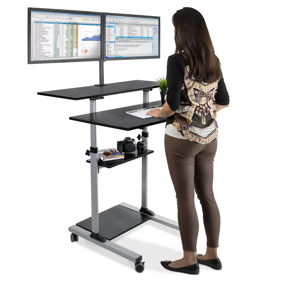 Extra Wide Mobile Standing Desk with Dual Monitor Mount B351818