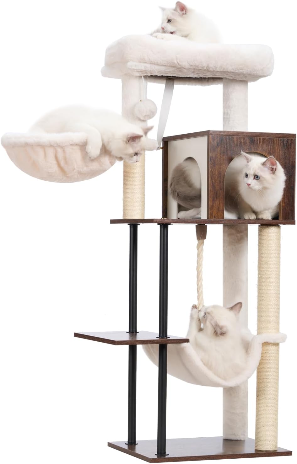 Rustic Brown 43.3in Wood Cat Tree with Sisal Rope Scratching Post Y777096