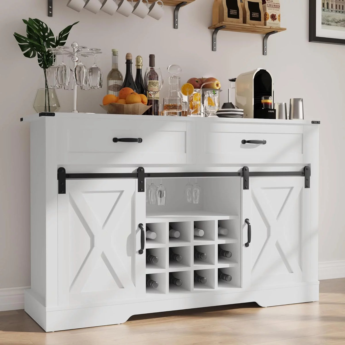 52" White Storage Cabinet with Wine Rack & Drawers V288699