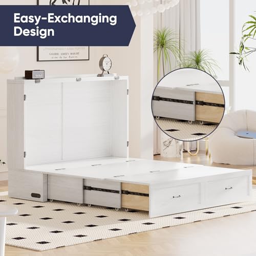 Queen Size White Murphy Bed with Tri-Folding Mattress and Storage Drawer H1958
