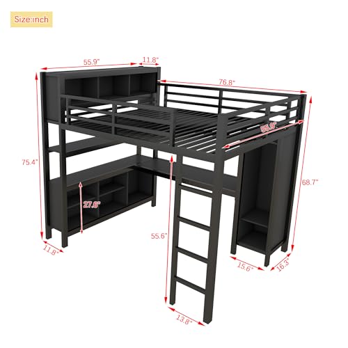 Full Size White Metal Loft Bed with Desk and Wardrobe J8561