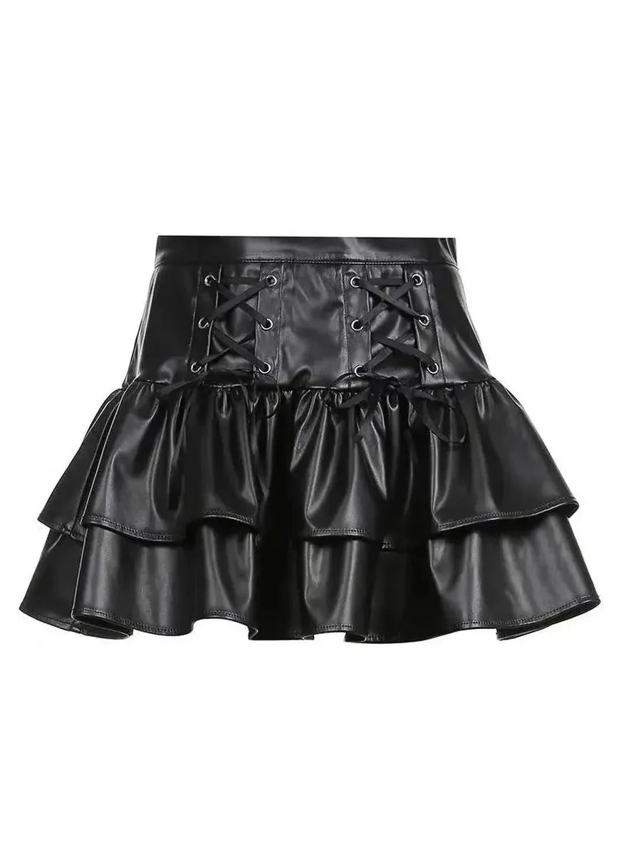 Grunge Lace Up Pu Leather Skirt Q3919