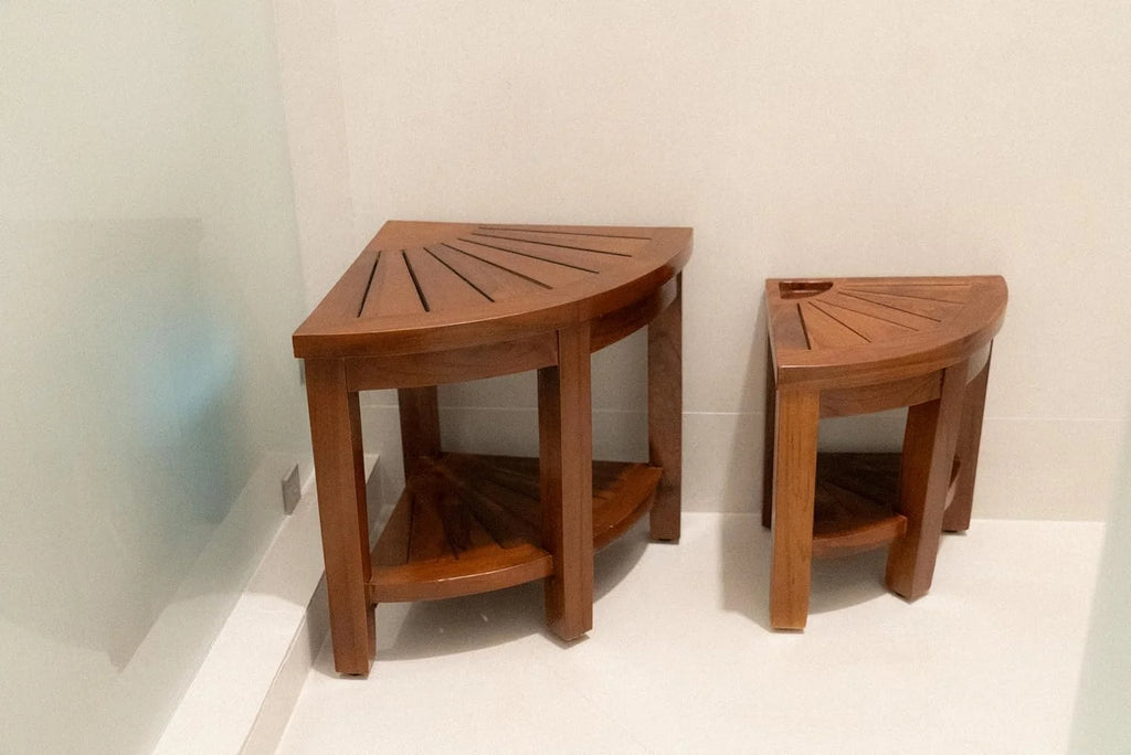 Teak Corner Bench with Shelf, 18 Inch Wooden Seat Stool F609