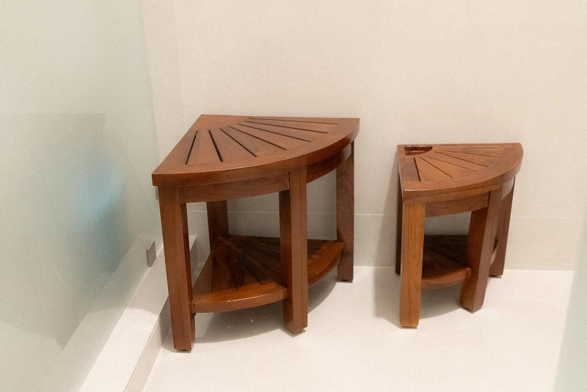 Teak Corner Bench with Shelf, 18 Inch Wooden Seat Stool F609