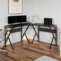 L Shaped Computer Desk with Headphone and Cup Holder Black L5721