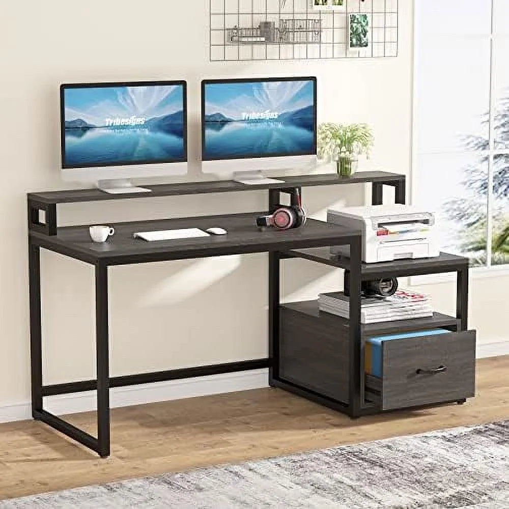 60 inch Computer Desk with File Drawer and Shelves X2881
