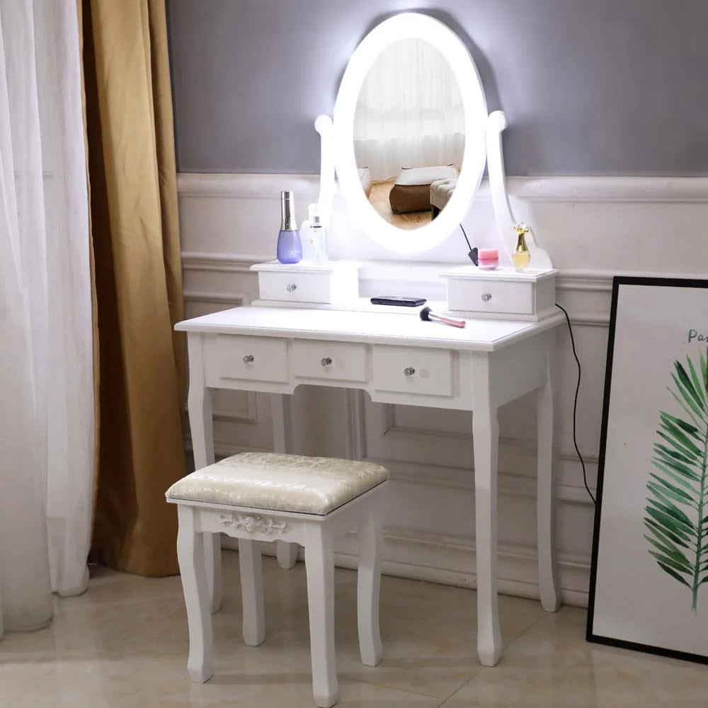 White 5 Drawer Vanity Table with Cushioned Stool Set F9501