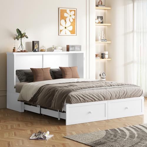 Queen Size White Murphy Bed with Tri-Folding Mattress and Storage Drawer H1958