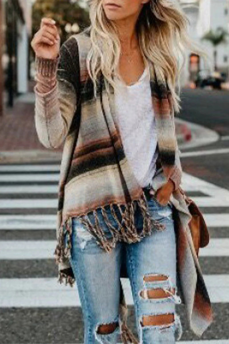 Striped Tassel Button Cardigan G7428