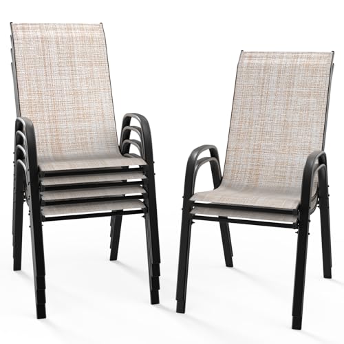 Black Set of 6 Stackable Outdoor Dining Chairs with Sling High Back and Armrests P3451