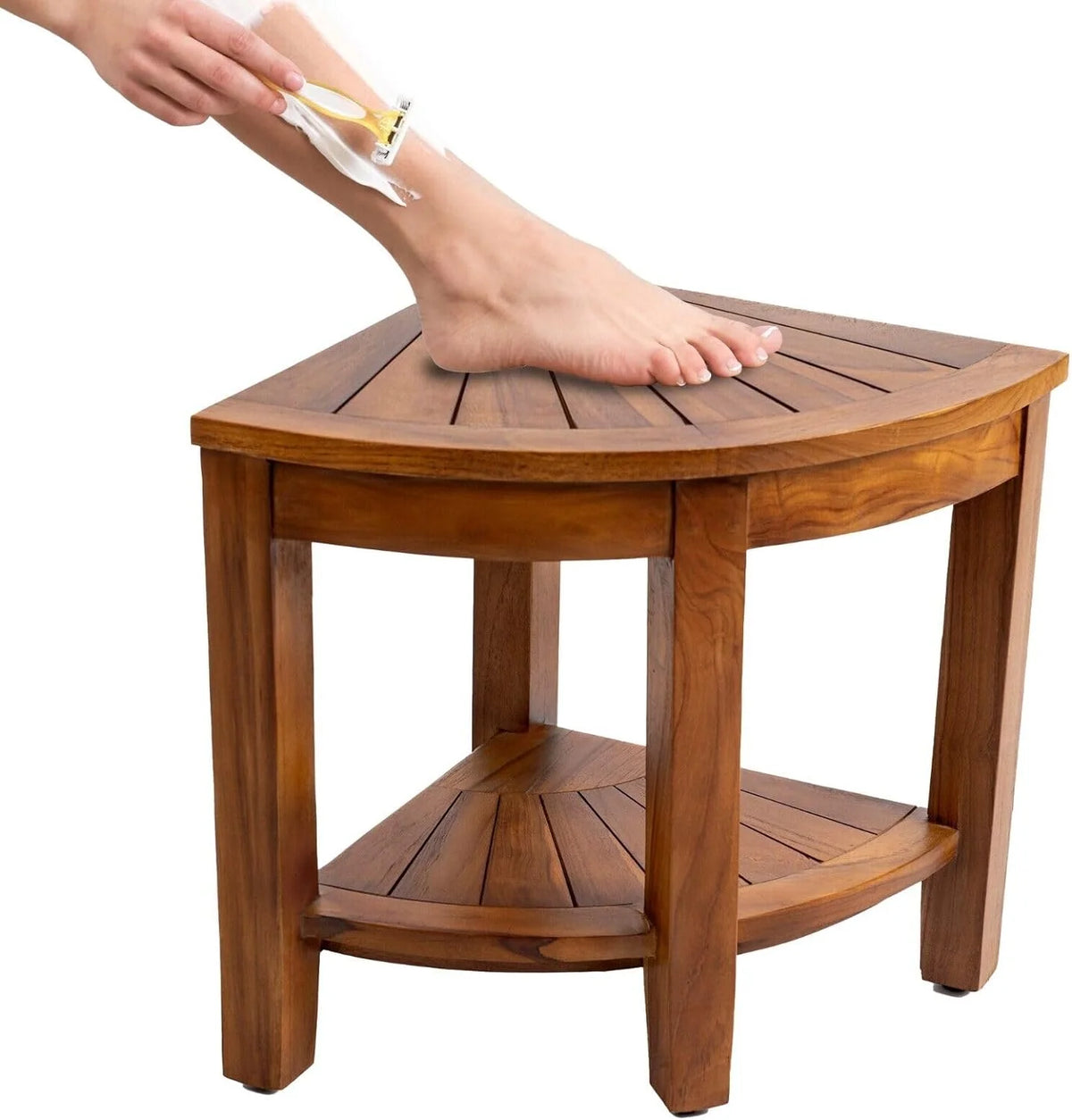 Teak Corner Bench with Shelf, 18 Inch Wooden Seat Stool F609