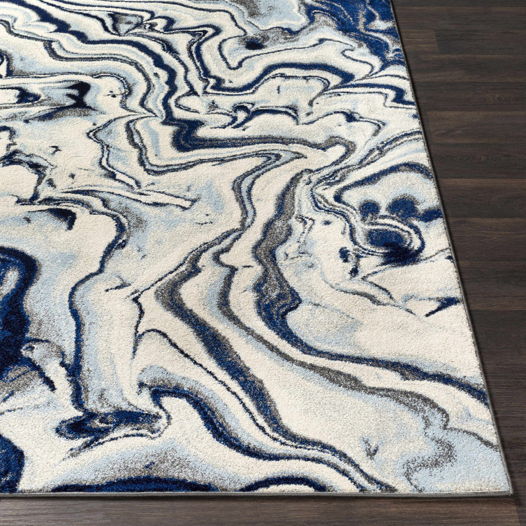 Abstract Coastal Area Rug - Marble Swirl Pattern - Ombre Blue, Royal Blue, Navy Blue, Grey, White - 5'3" x 7'3" B3965