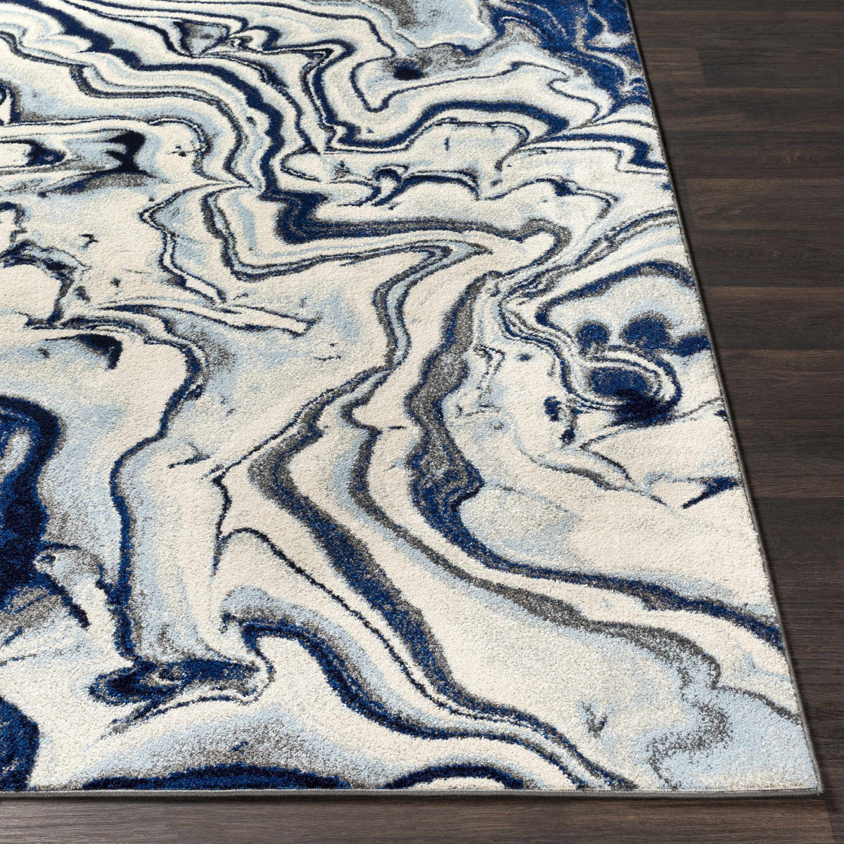 Abstract Coastal Area Rug - Marble Swirl Pattern - Ombre Blue, Royal Blue, Navy Blue, Grey, White - 5'3" x 7'3" B3965