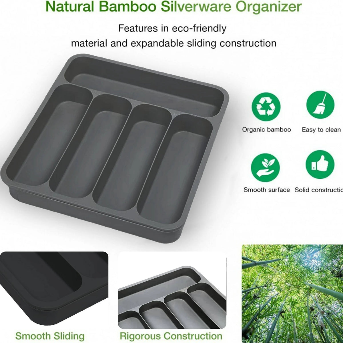 Black Expandable Plastic Silverware Drawer Organizer O769605