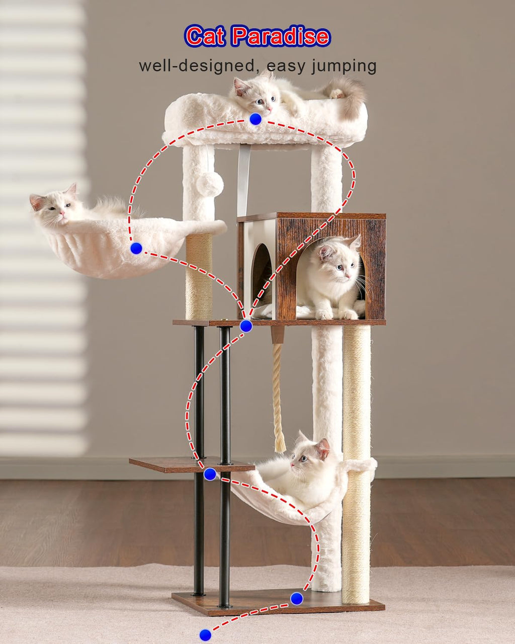 Rustic Brown 43.3in Wood Cat Tree with Sisal Rope Scratching Post Y777096