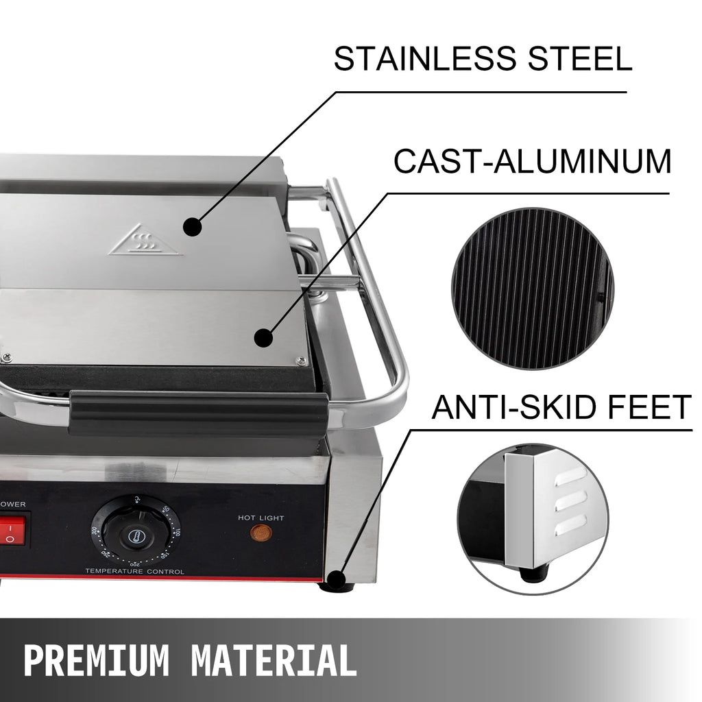 Commercial Sandwich Press Grill 3600W Electric Panini Maker Non-Stick Double Flat Plates Silver+Black C462