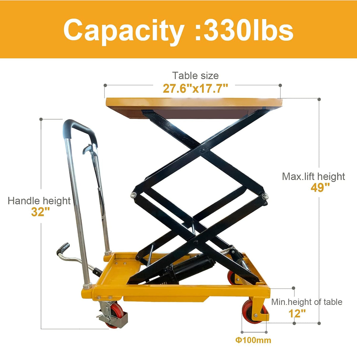 Hydraulic Lift Table Cart 330lbs Capacity 49 Lifting Height E1604