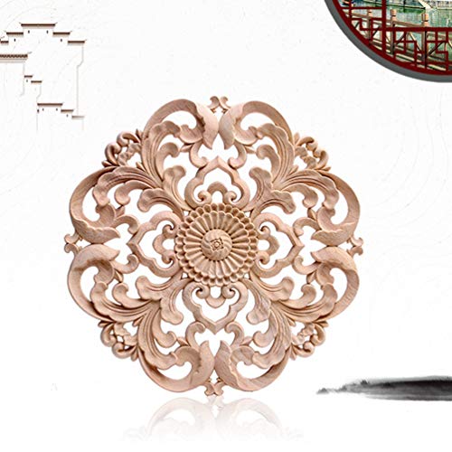 Wood Carved Onlay Applique Round Flower Unpainted Corner Decal Wood Wall Art 15x15cm H52000