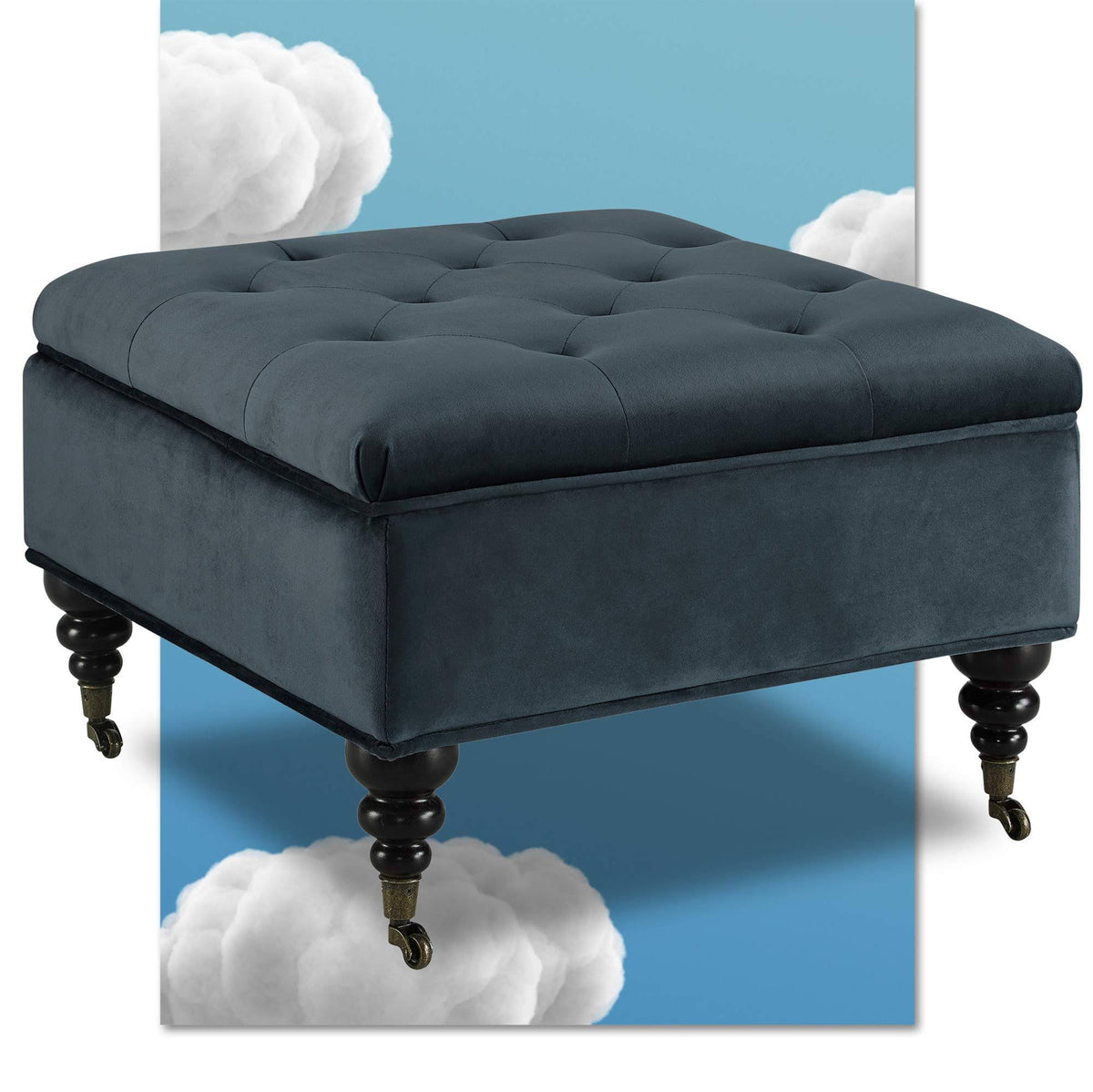 Blue Tufted Storage Ottoman with Casters V202993