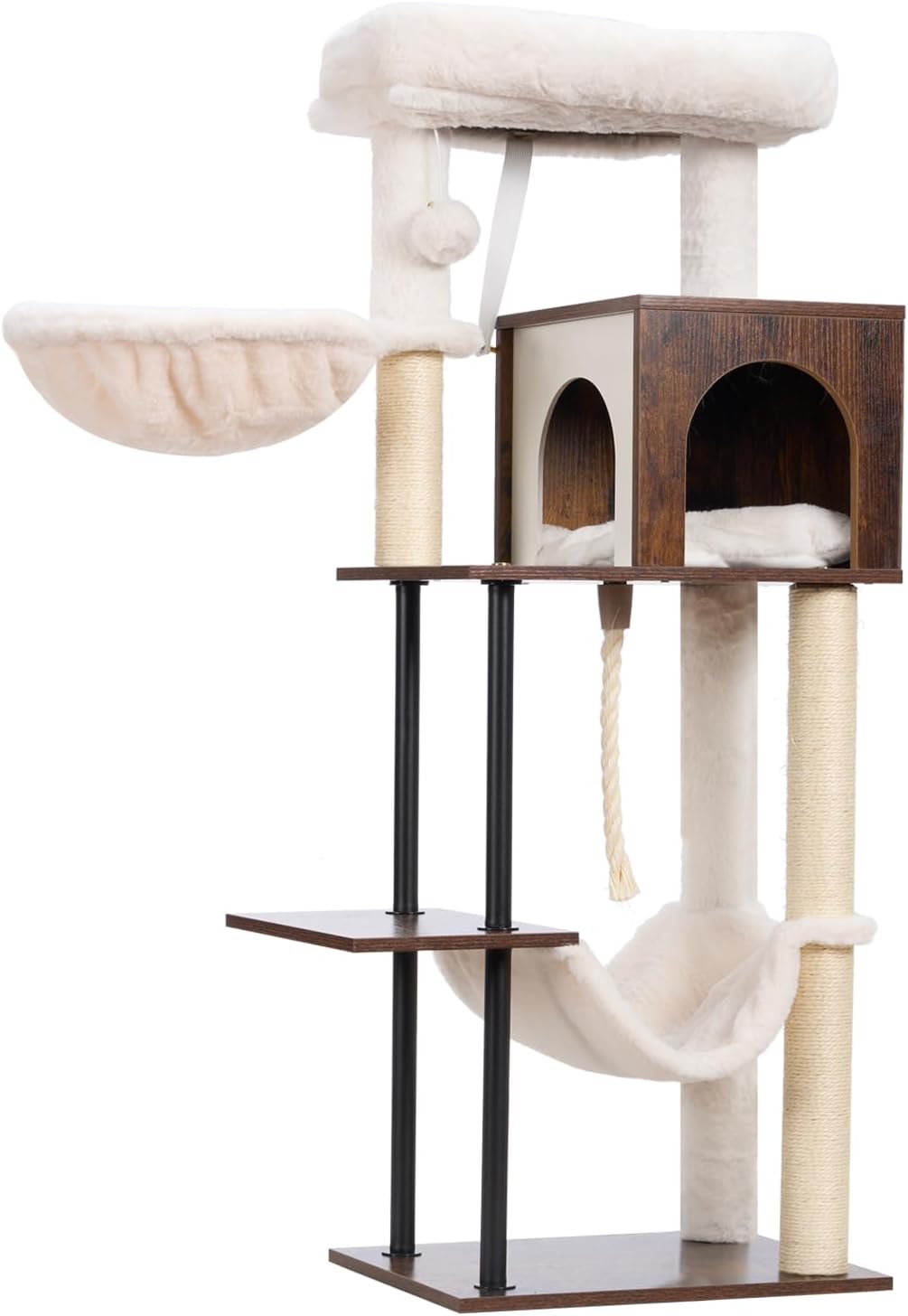 Rustic Brown 43.3in Wood Cat Tree with Sisal Rope Scratching Post Y777096