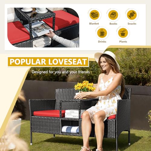 Beige Rattan 2-Seat Patio Loveseat with Cushions M464336