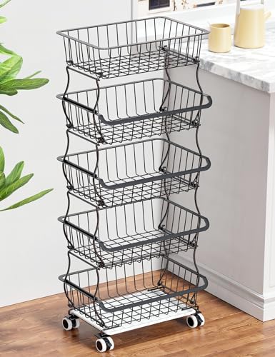 5 Tier Wire Fruit Basket with Wheels M31878