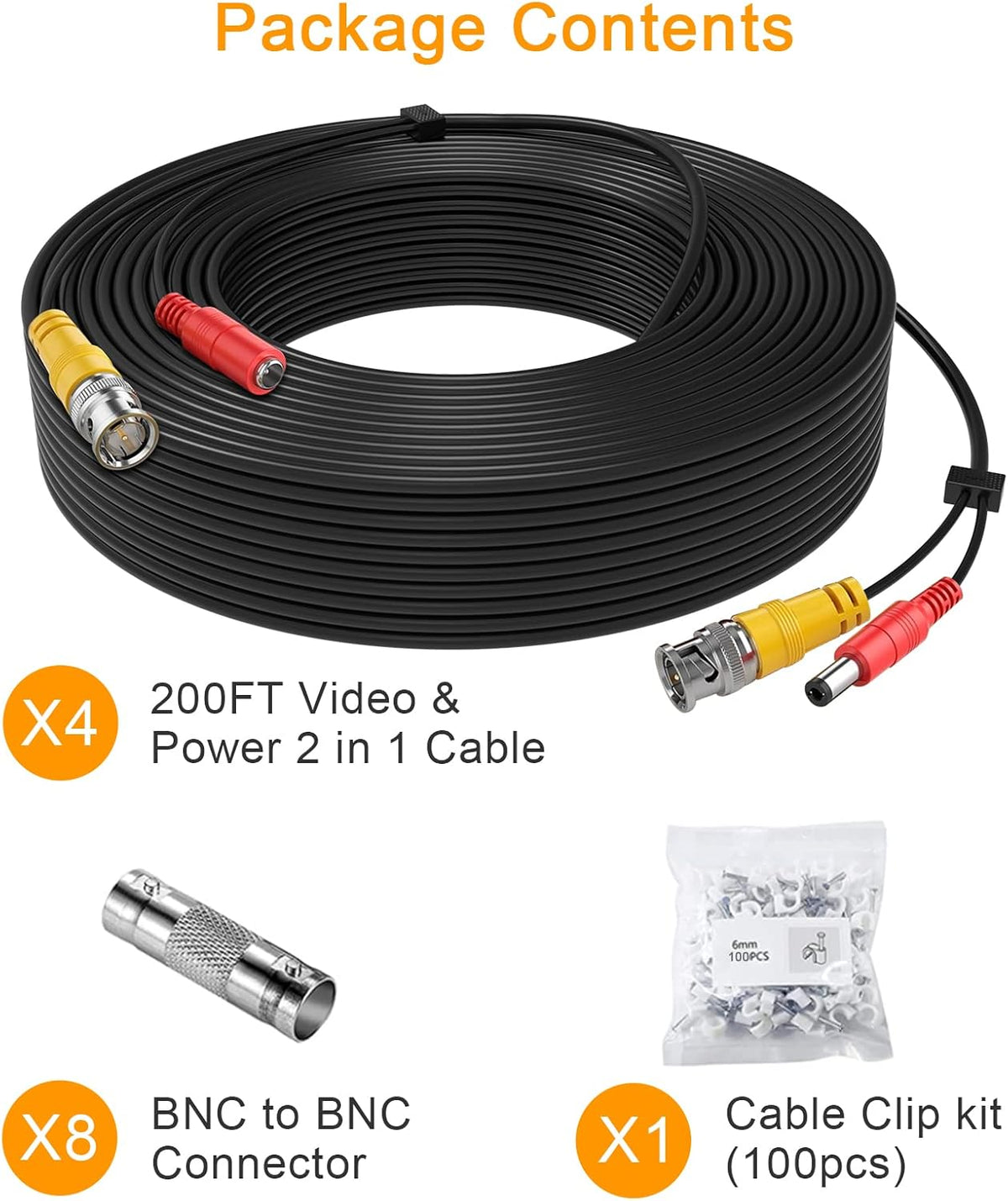 200ft 4Pack Siamese Video and Power Security Camera Cable with 2 Female Connectors Z370458