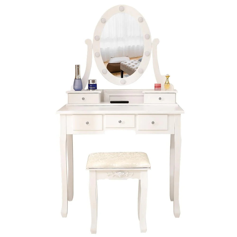 White 5 Drawer Vanity Table with Cushioned Stool Set F9501