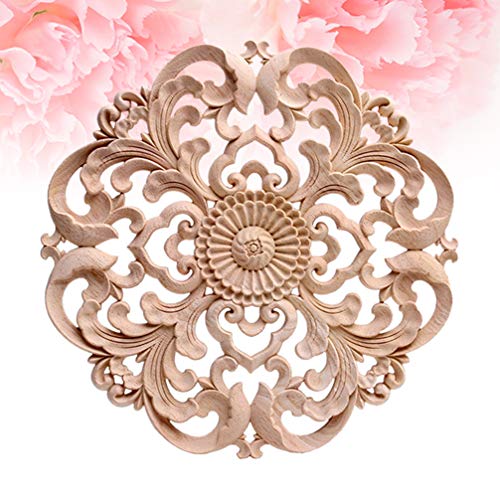 Wood Carved Onlay Applique Round Flower Unpainted Corner Decal Wood Wall Art 15x15cm H52000