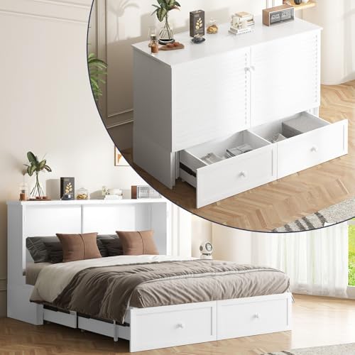Queen Size White Murphy Bed with Tri-Folding Mattress and Storage Drawer H1958