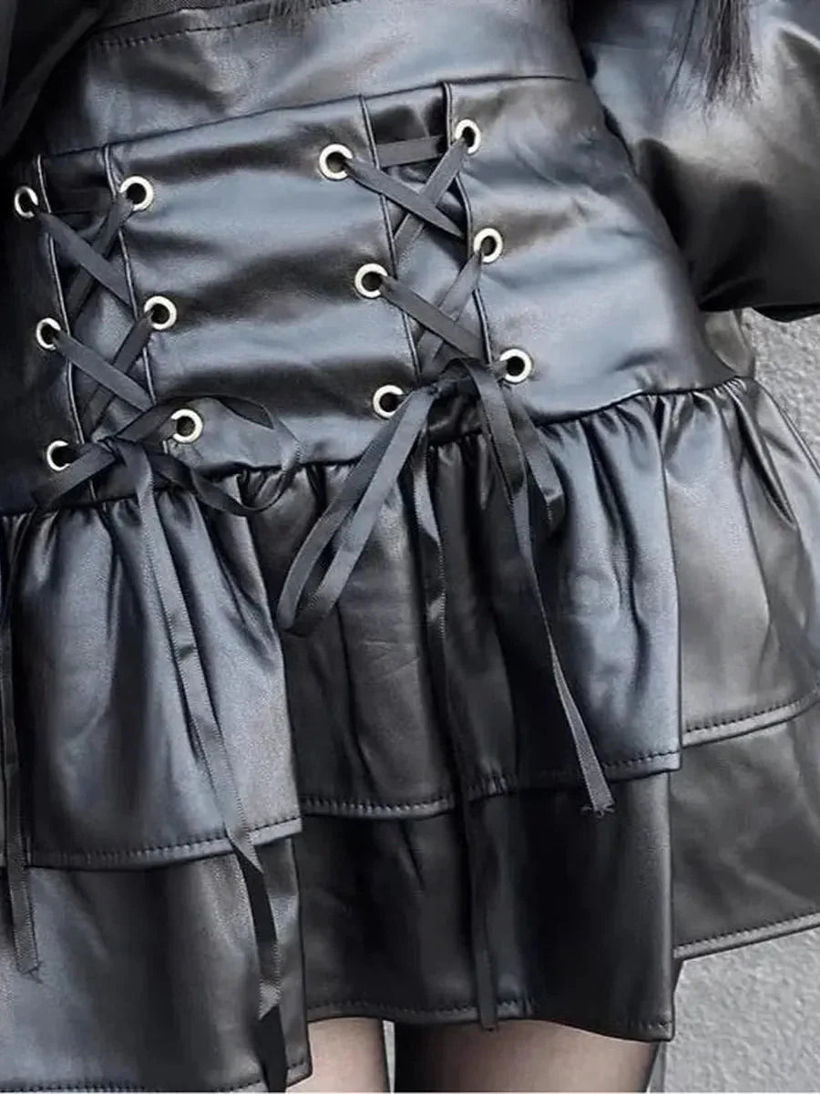 Grunge Lace Up Pu Leather Skirt Q3919