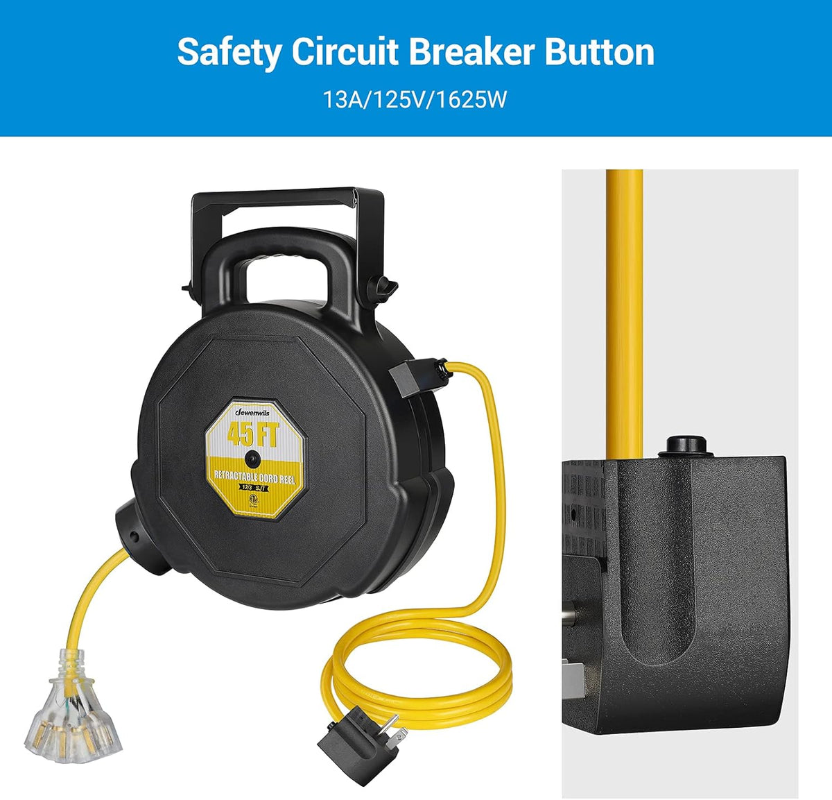 45FT Heavy Duty Retractable Extension Cord Reel with Triple Tap X8351