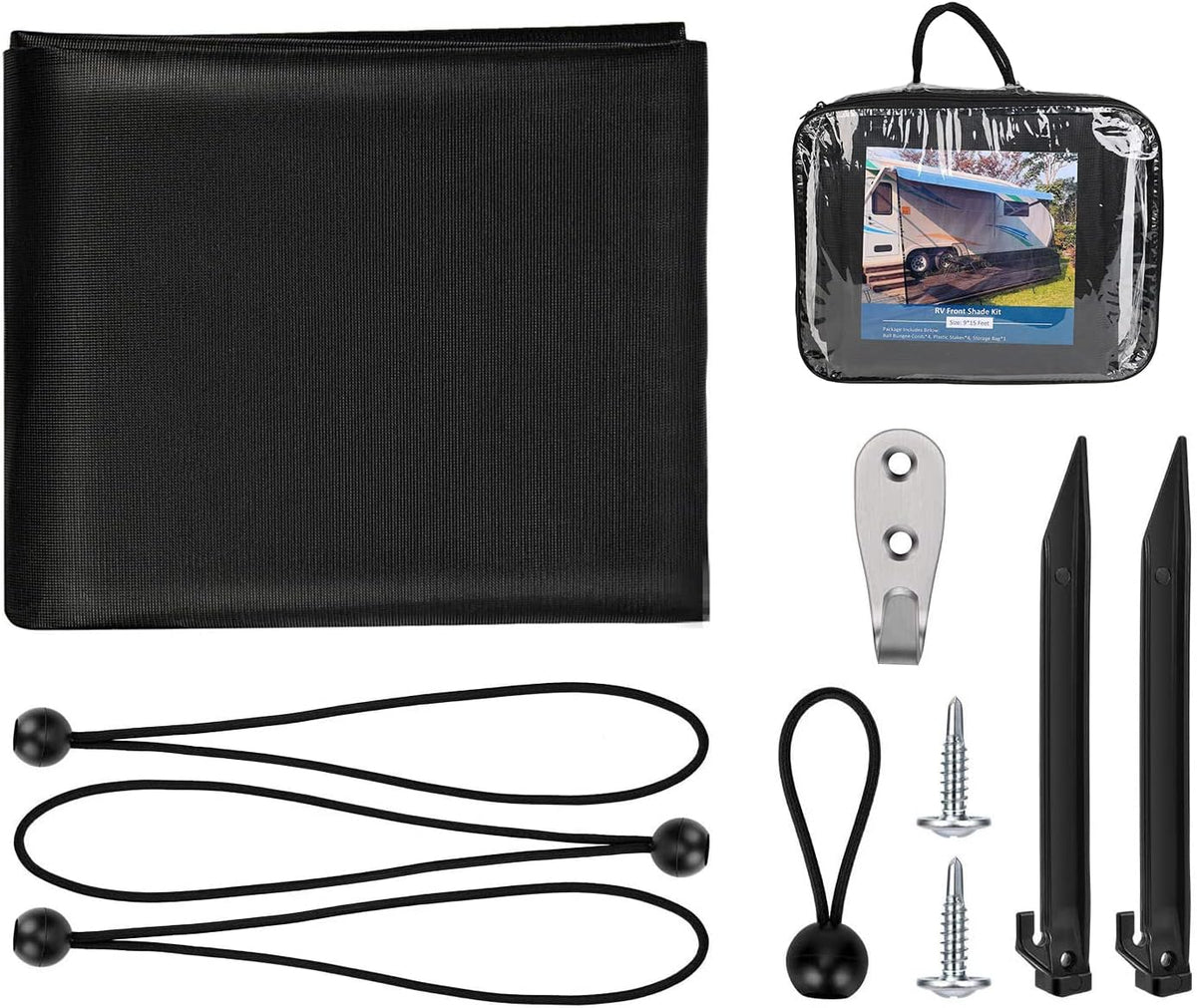 RV Awning Side Sun Shade 9’ x 7’ Black Mesh Screen Kit S9285