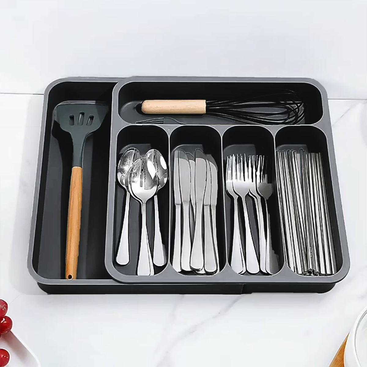 Black Expandable Plastic Silverware Drawer Organizer O769605