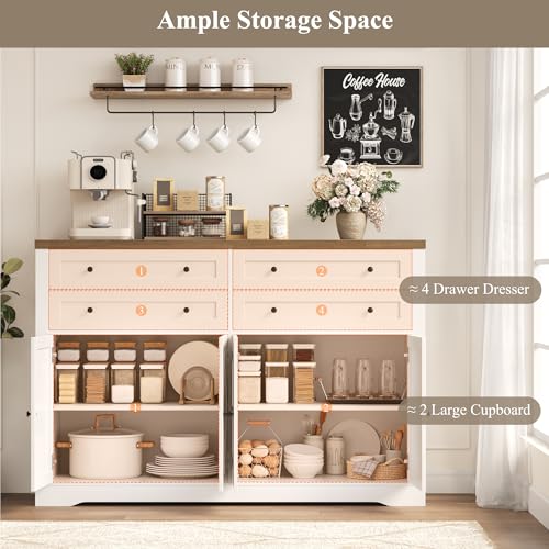 55" Coffee Bar with 4 Large Drawers, Tall Buffet Cabinet with Storage, Adjustable Shelves, Ash Grey X34467