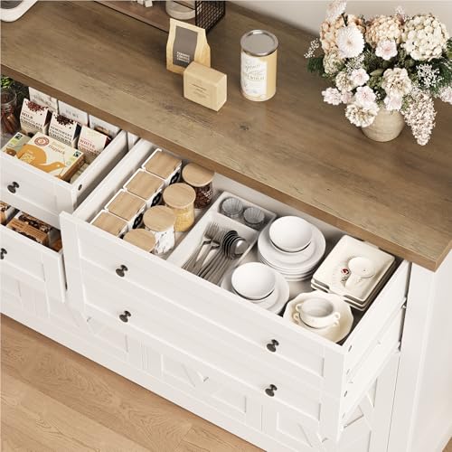 55" Coffee Bar with 4 Large Drawers, Tall Buffet Cabinet with Storage, Adjustable Shelves, Ash Grey X34467