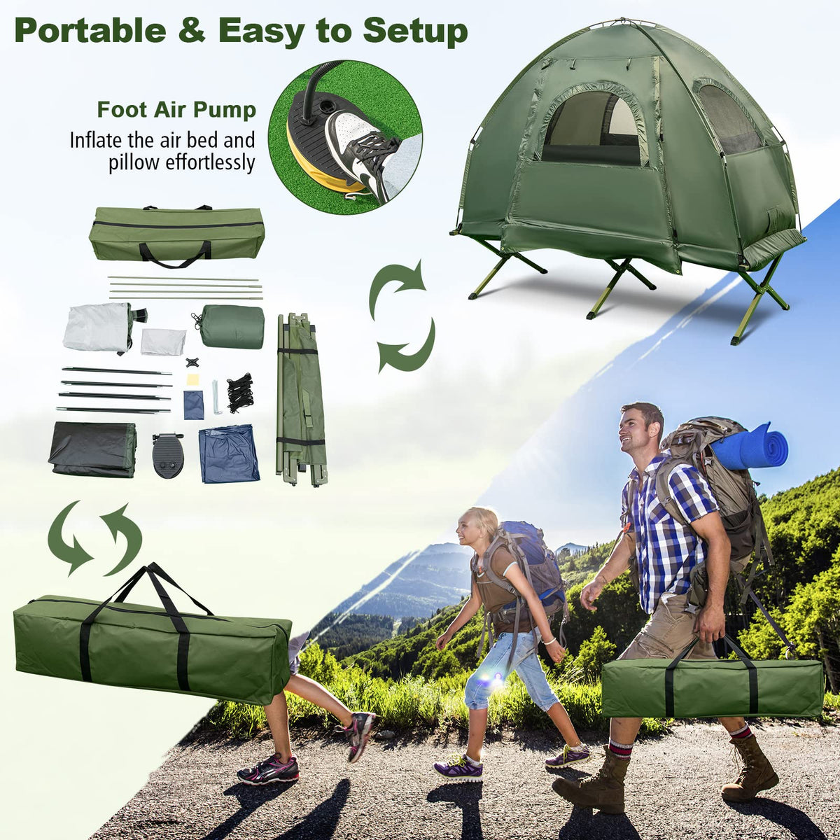 1-Person 5-in-1 Tent Cot with Air Mattress, Sleeping Bag, Carrying Bag U3712