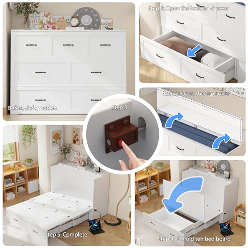 White Queen Size Murphy Cabinet Bed with Drawers G181933