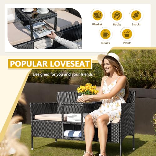 Beige Rattan 2-Seat Patio Loveseat with Cushions M464336