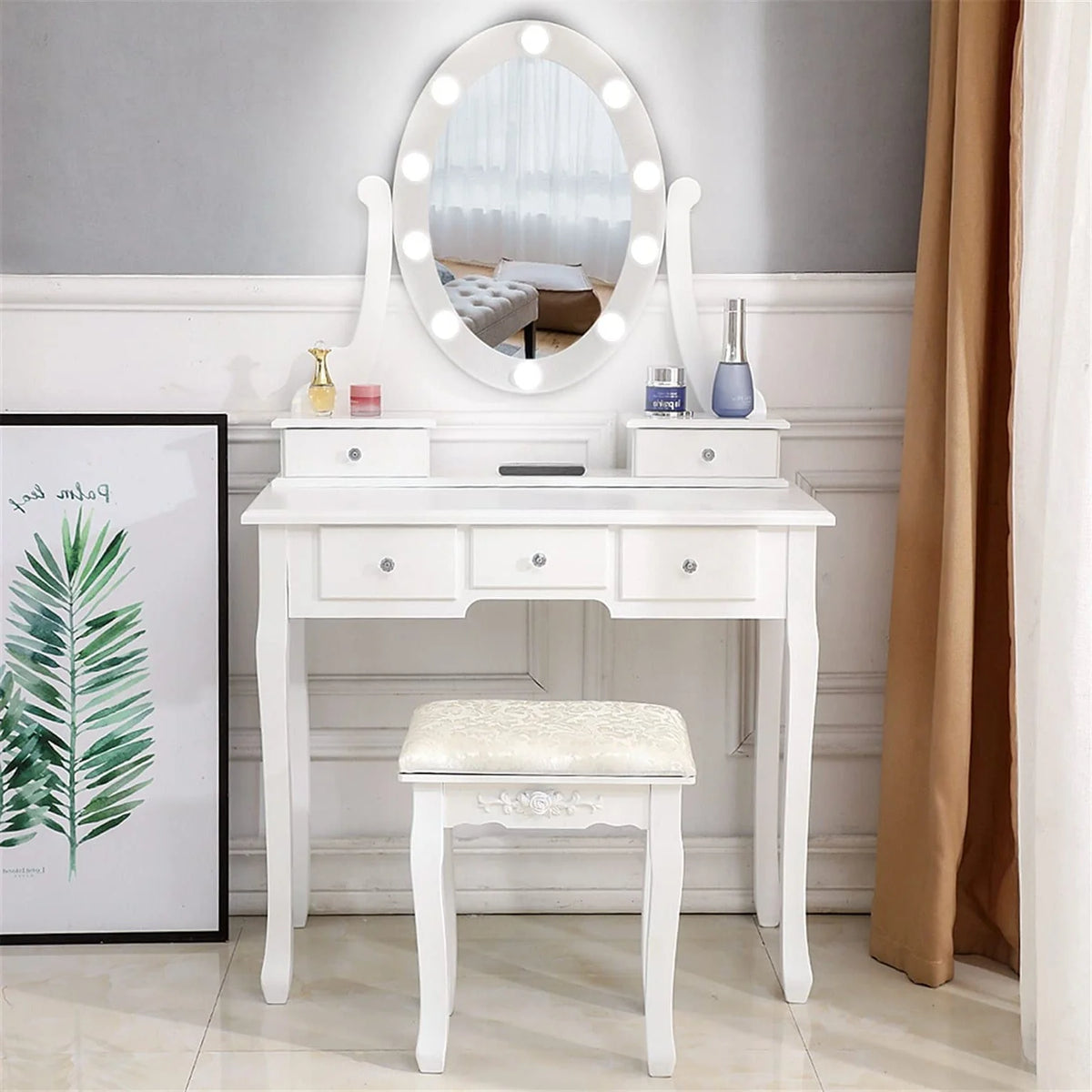 White 5 Drawer Vanity Table with Cushioned Stool Set F9501