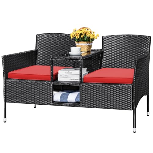 Beige Rattan 2-Seat Patio Loveseat with Cushions M464336
