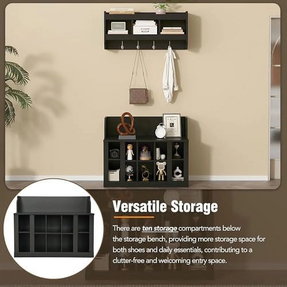 Black Entryway Hall Tree with Shoe Cabinet Bench and 8 Hooks I630