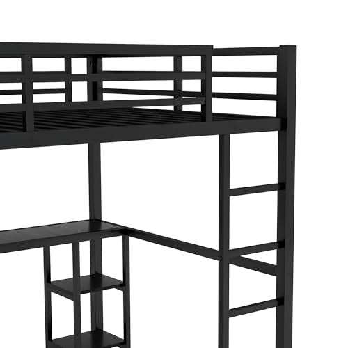 Full Size White Metal Loft Bed with Desk and Wardrobe J8561