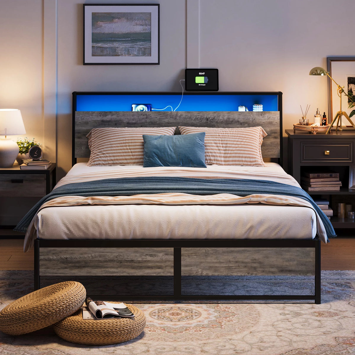 Full Size Metal Platform Bed Frame with Headboard and Storage Shelves U5514