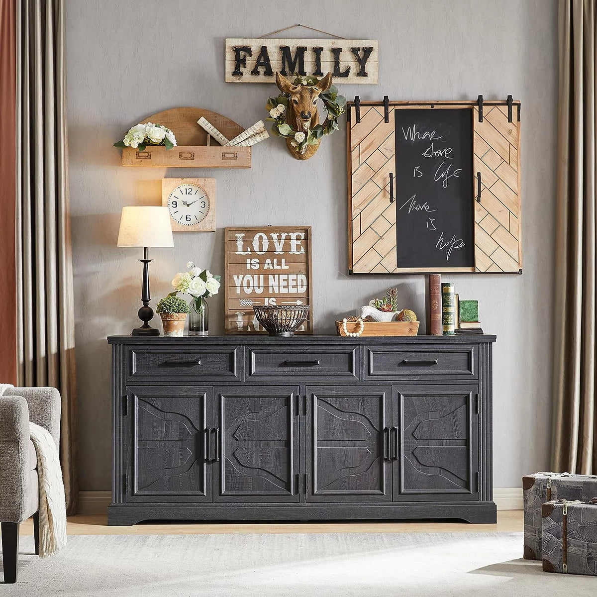 Black 3 Drawer 4 Door Sideboard Storage Cabinet F400