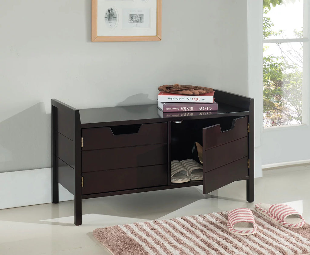 Espresso Wood Shoe Bench with Cabinet Storage H548262