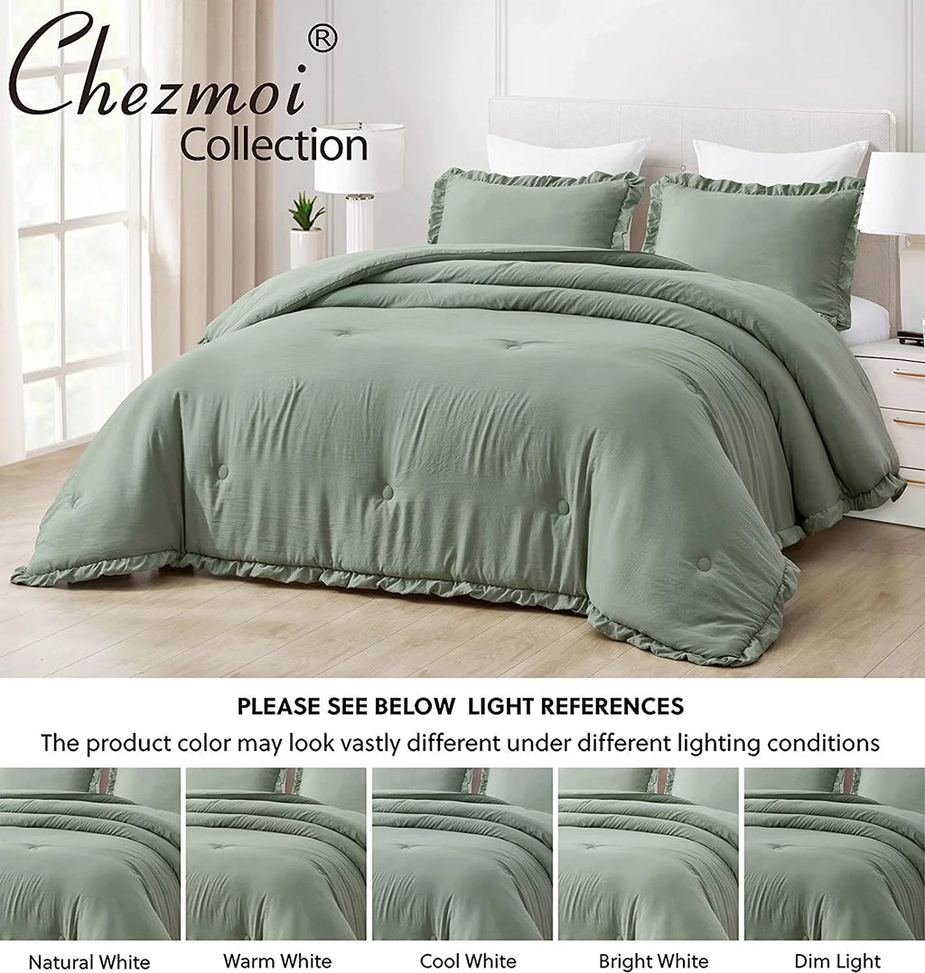 Sage Green Ruffled Edge Microfiber Comforter Set H254668