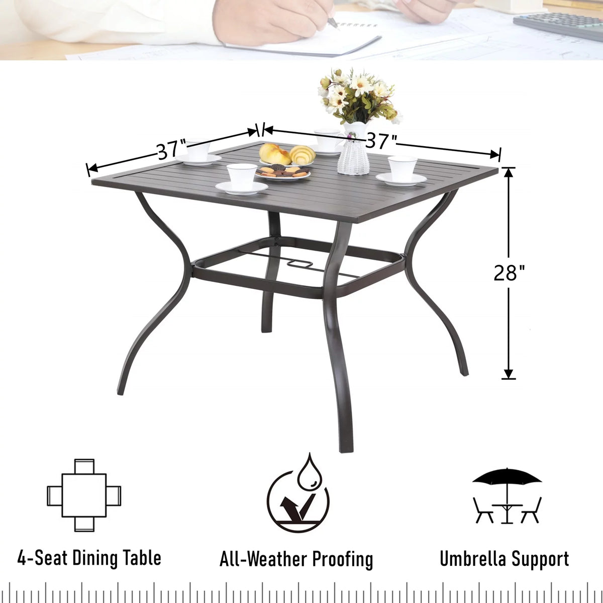 Metal Steel Slat 37 inch Dining Table with Umbrella Hole K73814